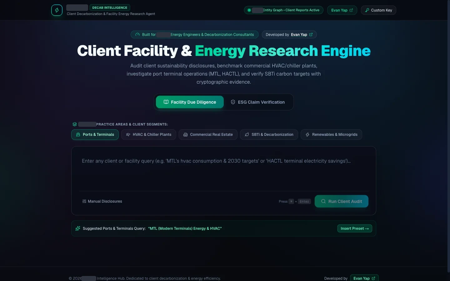 The research agent’s interface: a query box with preset topics for ports, HVAC plants and decarbonisation targets, and a Run Client Audit button.